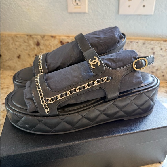 Chanel Black Quilted Platform Sandals - Picture 1 of 15